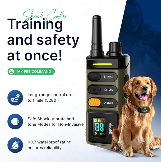 My Pet Command Long Range Dog Training Collar with Remote 1 Mile/5280 Ft, Safe Shock, Vibrate, Tone, Flashing Beacon Lights, Rechargeable Waterproof Remote Device, add up to 2 Collars. 1 Collar Pack