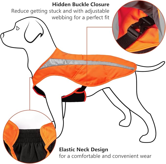 BASSDASH Dog Insulated Coat Safety Vest Water Resistant Chest Protection Reflective High Visibility for Hunting Outdoor