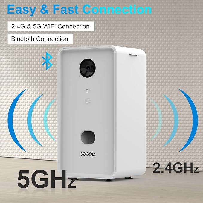 Iseebiz Pet Camera Treat Dispenser, 2.4G & 5G WiFi Dog Camera with 2 Way Audio Talk Listen, 1080P Night Vision Cat Dog Cam, App Control Tossing, Multi Devices Login, Compatible with Alexa, Upgraded