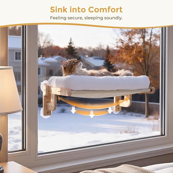 Pecute Foldable Cat Window Perch, Cloud-Soft Cat Bed with Solid Wood Frame, Strong Suction Cup, Washable Cushion, Stable Large Cats Hammock with Sided Bolster, Cats Perch Indoor for Sunbathing, White