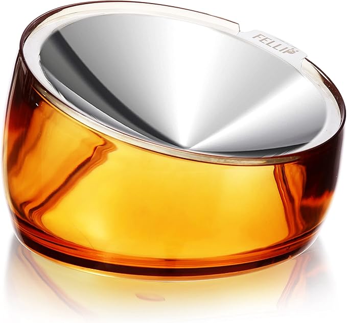 Felli Pet Oblik Anti Whisker Fatigue & Regurgitation Raised Cat Food Water Bowl, Tilted Stainless Steel Shallow Dish Dishwasher Easy Clean, Elevated Dry Wet Metal Feeder Slanted Plate (0.5Cups, Gold)