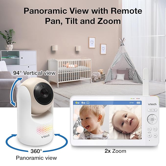 VTech 2-Cameras Video Baby Monitor with 7" Color LCD Screen, Rechargeable Battery, Video and Audio Streaming, Pan-Tilt-Zoom, Touch Multi-Color Night Light, Two-Way Talk: Advanced Max Twin (Tan)