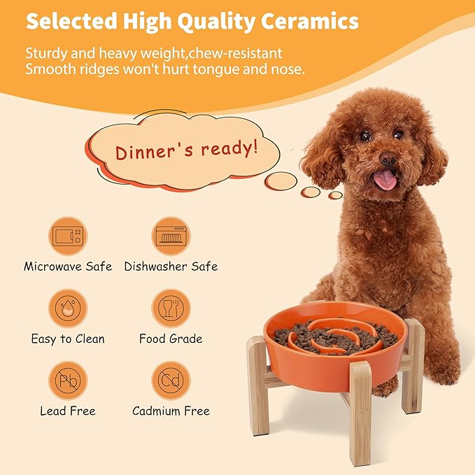 Elevated Slow Feeder Dog Bowl - Ceramic Maze Food Dish with Bamboo Stand - Raised Feeding Bowl for Fast Eaters - Ideal for Small and Medium Dogs - Orange - 6.7 inch
