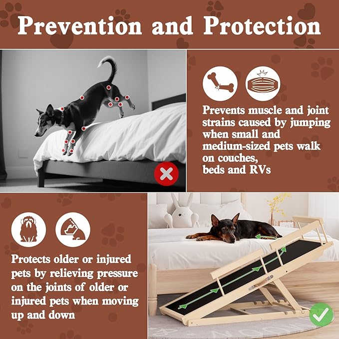 Dog Ramp for High Bed, Couch, Car, Pet Ramps 55.12" Long Adjustable 19.3"-27.17" Wooden Dog Step with Anti-slip Rubber Mat & Safety Side Rails for Small Medium Large Older Pets, up to 250 lbs