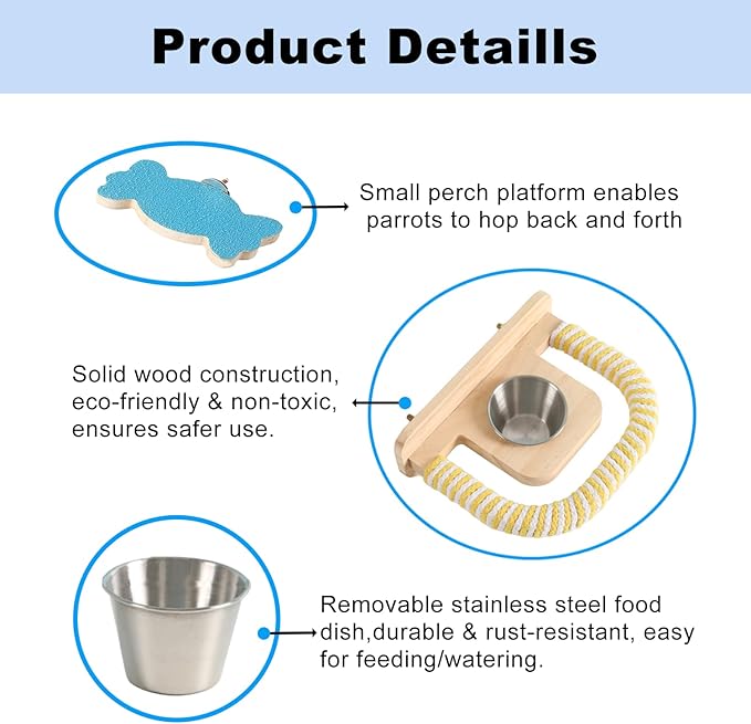 2PCS Parrot Perch Stand Toy,Bird perches for cage,Parrot Wood Platform,Bird Perch with Food Bowl,Bird cage Accessories