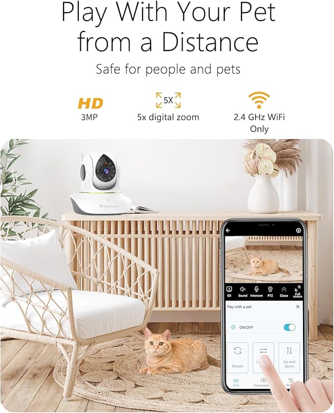 VSTARCAM 3MP Pet Cameras, Security Camera Indoor, Interactive Cat/Pet Camera with Phone App, 2.4GHz with IR Night Vision, AI Motion Tracking, 2-Way Audio, 24/7 Cloud & SD Card Storage