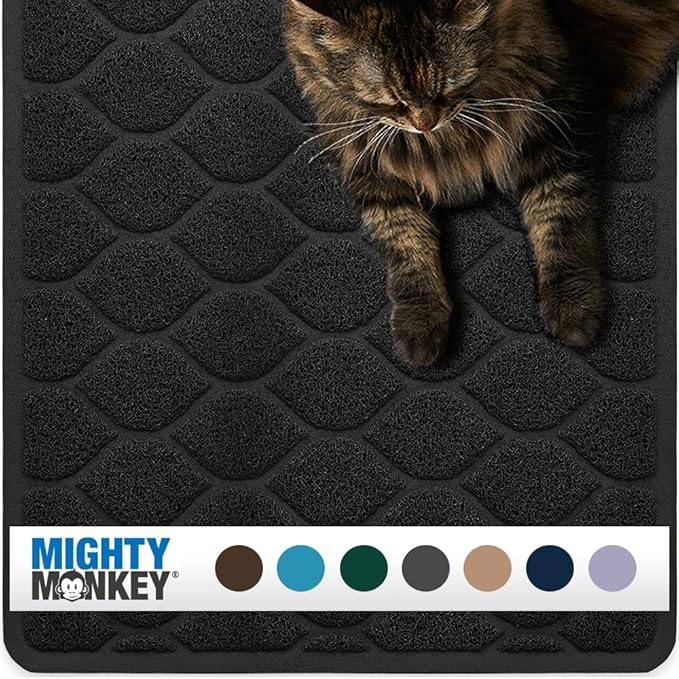 MIGHTY MONKEY Waterproof BPA Free Cat Litter Box Trapping Mat, Easy Clean Floors, Textured Backing, Soft on Sensitive Kitty Paws, Cats Accessories, Less Waste, Stays in Place, 24x17, Black