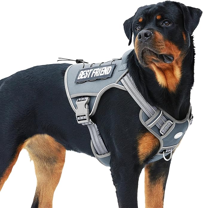 Auroth Tactical Dog Harness for Large Dogs No Pull Adjustable Pet Harness Reflective K9 Working Training Easy Control Pet Vest Military Service Dog Harnesses Grey XL
