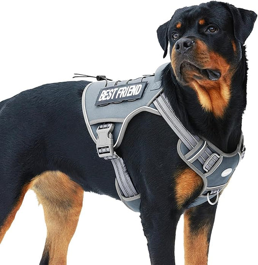 Auroth Tactical Dog Harness for Large Dogs No Pull Adjustable Pet Harness Reflective K9 Working Training Easy Control Pet Vest Military Service Dog Harnesses Grey XL