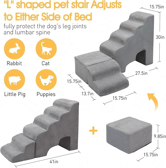 A.FATI Dog Stairs for High Beds up to 30-36 Inch, 6 Tiers Dog Steps, Pet Stairs Adjust to Left Side of Bed, Non-Slip Dog Ramp for Small Dogs and Old Pets