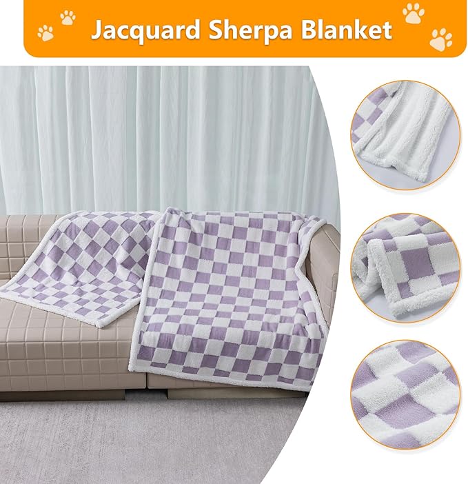 Waterproof Pet Blanket,Dog Bed Covers Couch Sofa Stylish Jacquard Pets Throw Blankets for Puppy Cats Washable Reversible Furniture Protection Covers (Purple Check,S)