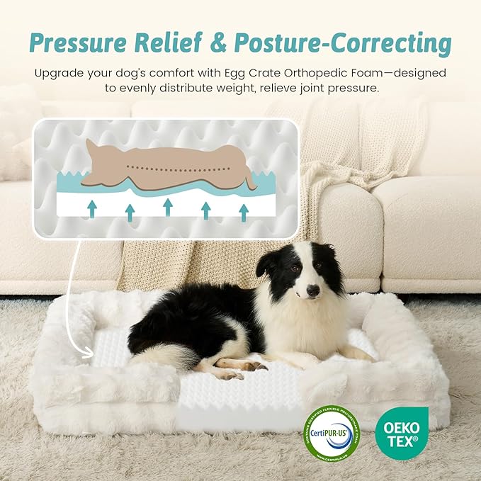 Orthopedic Dog Bed for Extra Large Dog, Soft and Warm Faux Fur Sofa for Giant Pet Up to 150 lbs, Foam Bolster Anti-Slip Couch with Washable Removable Cover, XXL 48x35x8 inch, Beige