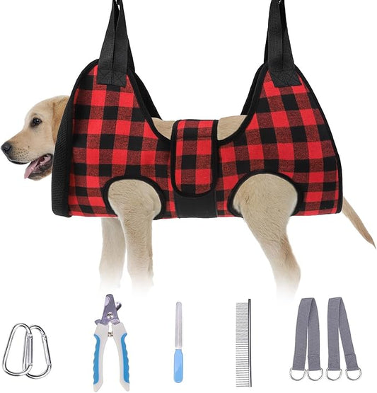 BEAUTYZOO Dog Grooming Hammock Harness for Nail Trimming - Adjustable Pet Restraint Sling for Small Medium Large Dogs/Cats -Secure Hanging Holder for Nail Clipping & Grooming (Christmas Buffalo Plaid)