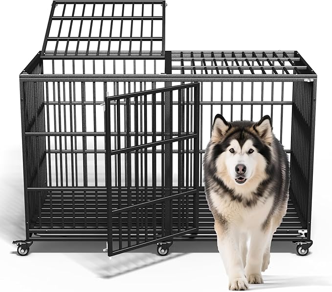 64" Heavy Duty Dog Crate Indestructible Dog Pet Kennel Cage for Extra Large Giant Breeds Double Doors Locakable Wheels High Anxiety Escape Proof Pet Dog Playpen