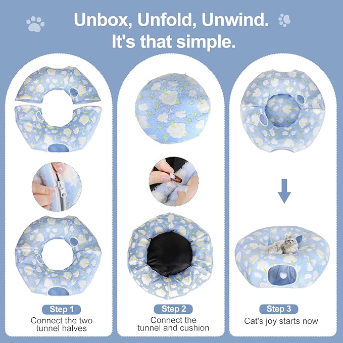 Cat Tunnel Bed, Foldable Cat Donut Tunnel with Removable Cushion, Toy Ball & Social Windows, Stress Relief Fun, Round Pet Play Tunnel for Indoor Cats, Kittens and Small Pets (3D Cloud Pattern)