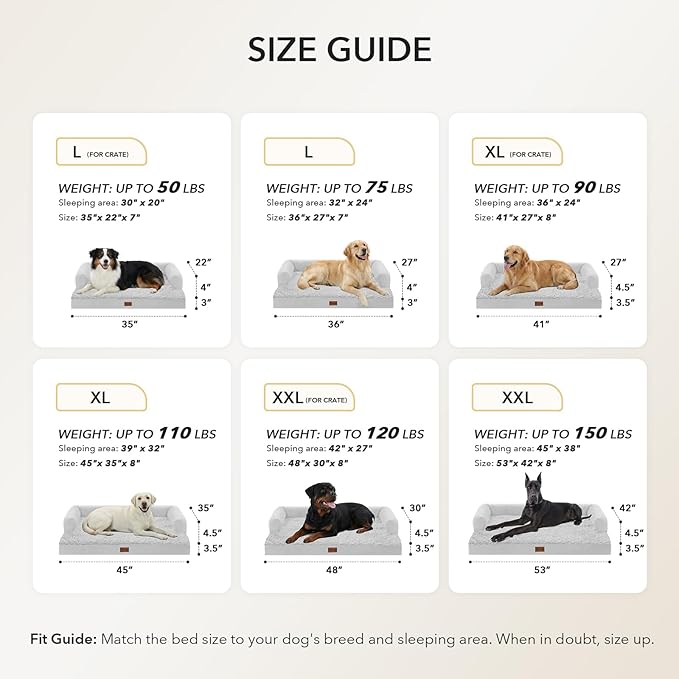 Orthopedic Dog Beds for Large Sized Dogs, Waterproof Egg Crate Foam Large Dog Couch Beds with Comfy Bolster 36x27Inch, Washable Pet Beds with Removable Cover and Nonskid Bottom, Grey White