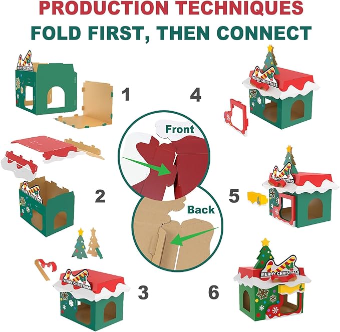 Cardboard Cat House with Scratcher – Christmas Cottage Design, 19''L x 17''W x 22''H, Festive Indoor Cat Playhouse & Hideout for Cats up to 22 lbs, Corrugated Scratch Pad & Holiday Home Décor