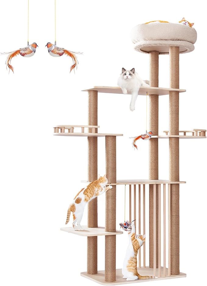 Choc chick Wood Cat Tree for Indoor Cats Large Adult, 68 Inches Tall Multi Level Cat Tower with Scratching Post Sisal-Covered, Modern Cat Tree Plush Cattery Chirping Bird Cat Toy
