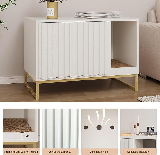 Litter Box Enclosure, Modern Cat Litter Box Furniture Hidden Litter Box with Scratch Pad, Cat Washroom House End Table, Entryway Bench for Livingroom (White)
