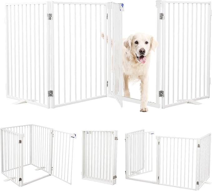 Metal Freestanding Dog Gates with Door,Extra Wide 24", 32" Height Foldable Dog Fence for Indoor & Outdoor, Heavy Duty Freestanding Pet Barrier for Stairs, Doorways, Halls, Kitchen,Yard,Christmas Tree