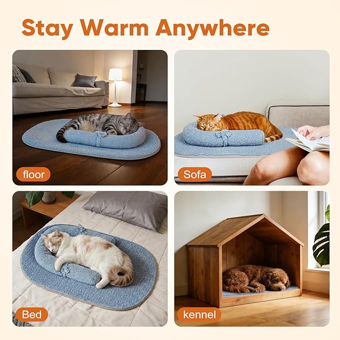 Self Warming Cat Bed Mat with Soft U-Shaped Pillow– Thickened Calming Cat Bed for Kittens and Small Dogs – Portable Washable Cats Warming Pad for Indoor or Travel Use,Blue