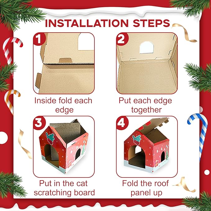 Christmas Cardboard Cat House with Scratching Pad (15"x12"x15") Cat Play House for Indoor Cats, Christmas Decorations Scratching Pad for Kitty