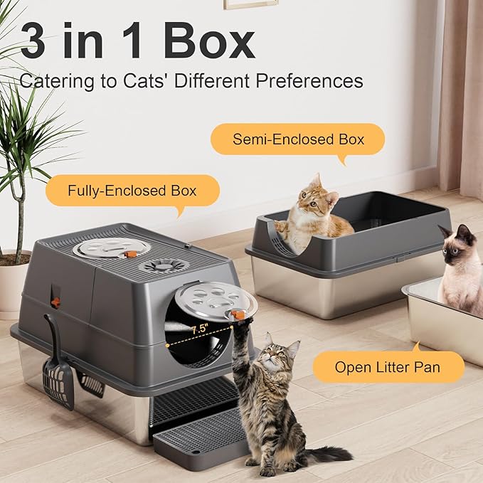 Stainless Steel Litter Box with Lid XL Extra Large Litter Box Enclosed Top Entry Metal Litterbox for Big Cats Easy Cleaning Less Leakage & High Sided with Mat Aisle & Scoop, Dark Grey