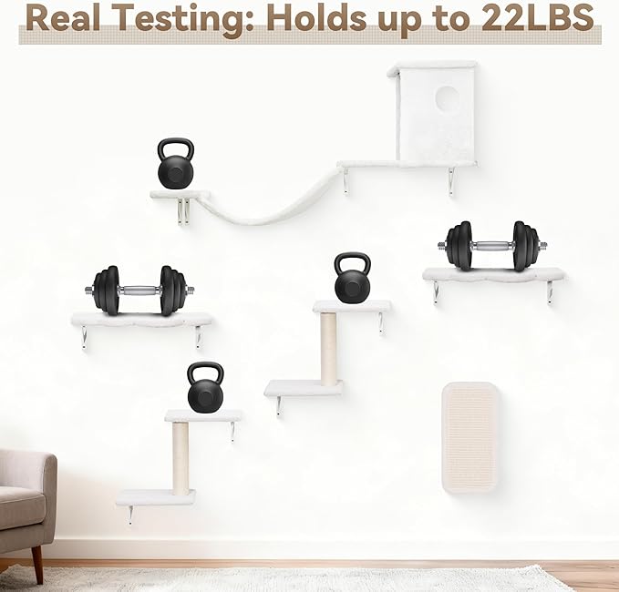 6-in-1 Cat Wall Shelves, Wall-Mounted Cat Furniture for Indoor Kittens, Modern Floating Shelves with Scratching Posts, Bed, Perch, Bridge, Condo, Steps and Scratcher, Space-Saving Gym, White