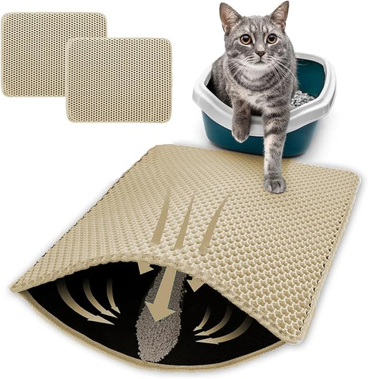 HCY&WLD 2-Pack Cat Litter Mat, Double Layer Honeycomb Waterproof Urine Proof Non-Slip Litter Trapping Mat, Less Waste, Easy to Clean Cat Litter Box Mat, Kitten Indoor Supplies (Khaki, 20x16 Inches)