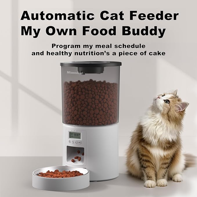 Automatic Cat Feeder with Dual Power Supply,Programmable 1-6 Meals Control Dry Cat Food Dispenser for Small Dog,Flexible Schedule Timer,10S Voice Record (White, 4.2L Basic Model)
