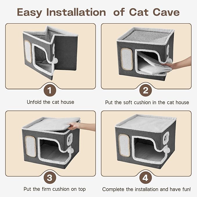 Cat Houses for Indoor Cats - Large Cat Bed Cave with Fluffy Ball and Scratch Pad, Foldable Cat Condo Hideaway for Multi Small Kitten & Pet, Grey