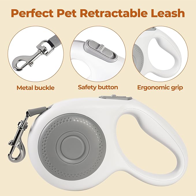16Ft Retractable Dog Leash, Chew Proof Leash with Wire Pope and Strong Nylon Tape, 360 Tangle-Free Walking Lead for Small to Large Dogs up to 110lbs, One-Hand Brake, White