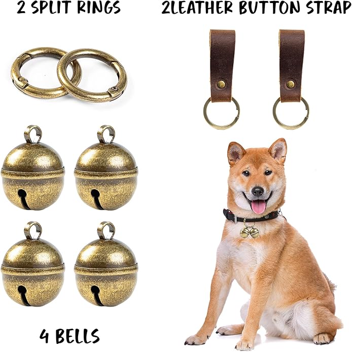 Loud Dog Collar Bells, Durable Pet Bells Tracker for Large Dogs, 4 Copper ells and 2 Leather Button Strap for Outdoor Safety, Pet Tracking, Hiking, Walking