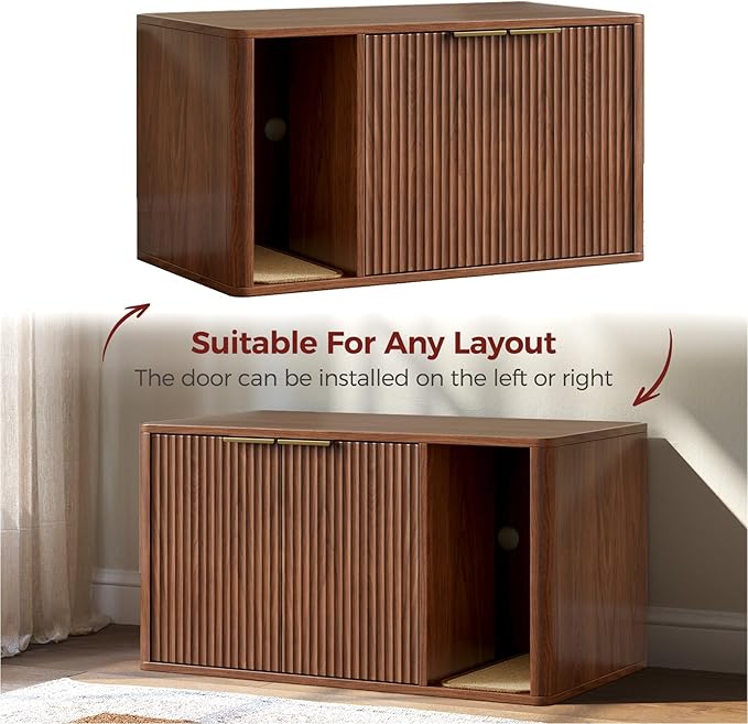 Evermagin 35.4" Walnut Cat Litter Box Enclosure Furniture with Cat Scratch Pad, Large Hidden Litter Box Cabinet, Front Entry Can Install Left/Right, Mid Century Modern Kitty End Table, Kitty Bench