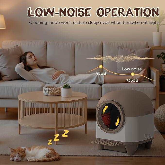 GUNJI Automatic Self-Cleaning Litter Box, 90L Large Capacity for Multiple Cats - APP Controlled with Safety Protection, Included Litter Mat & 1 Roll Garbage Bags (Brown)