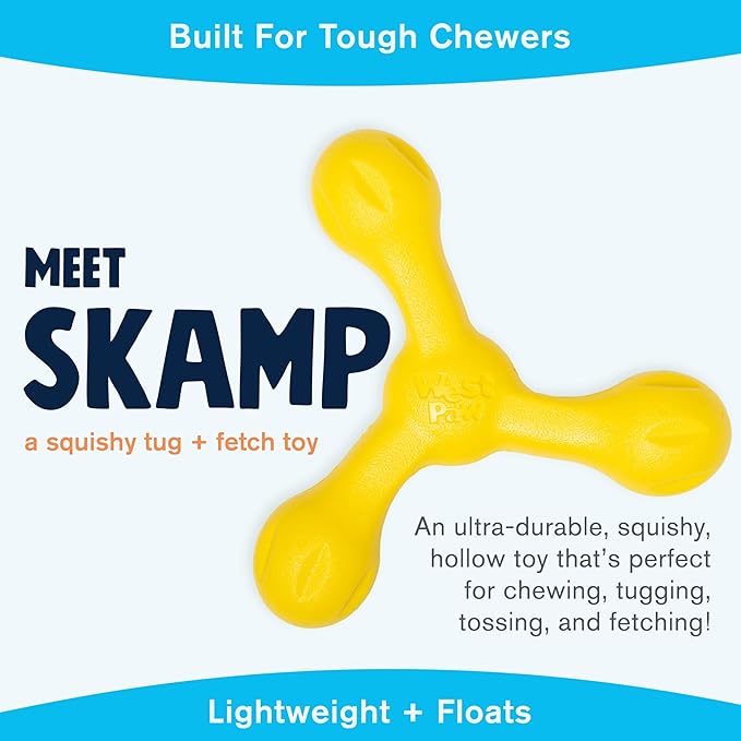 WEST PAW Zogoflex Air Skamp Tug-of-War Stick Dog Chew Toy – Hollow, Squishy Interactive Toy for Dogs, Puppies – for Chewing, Catch, Carry, Fetch, Dishwasher Safe, Latex-Free, 8.5", Dandelion Yellow