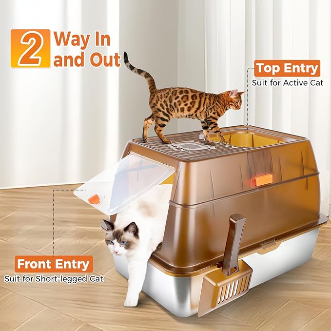 Stainless Steel Cat Litter Box with Lid, XXL Extra Large Enclosed Litter Box for Big Cats High Sided Metal with Removable Lid & Scoop, Front &Top Entry Odor Free, Anti-Leakage, Easy Cleaning