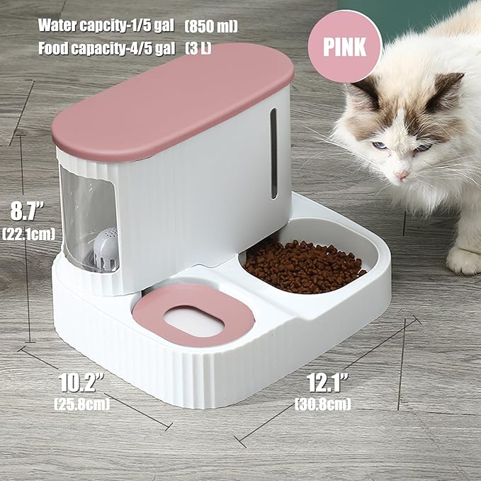 Cat Feeder and Water Dispenser,2 in 1 Gravity Automatic Bowl Auto Pet Dry Food Self Feeding Container Dishes Set for Dog Puppy Kitten Kit Set (Pink)