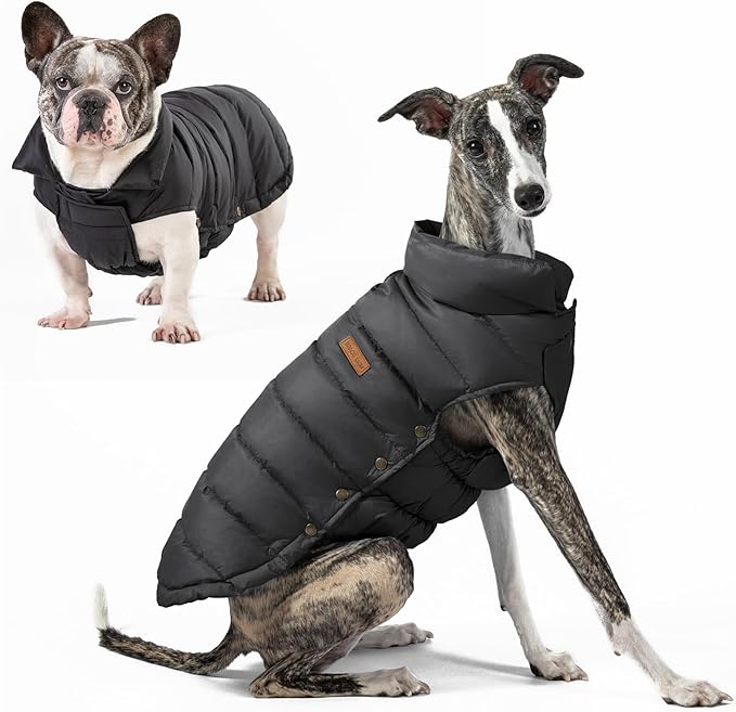 SPACE LION Dog Puffer Jacket, Down Winter Coat, Durable Outdoor Coat for Cold and Windy Conditions, Lightweight & Adjustable Fit Coats for Medium Dogs, (Black, Size14/L)