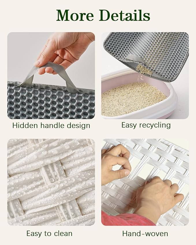 Cat Litter Box Enclosure Furniture, Handwoven Rattan Hidden Litter Box with Mat, Large Space Cat House with 2 S-Shaped Hooks 30.3 x 18.3 x 24.4 Inches, Indoor for Living Room Apartment White