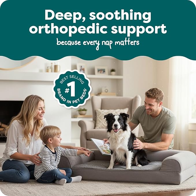 Furhaven Orthopedic Dog Bed for Large/Medium Dogs w/ Removable Bolsters & Washable Cover, For Dogs Up to 55 lbs - Plush & Suede Sofa - Gray, Large