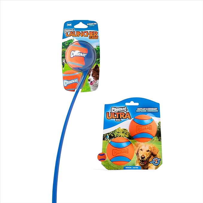 Chuckit! Ultra Dog Ball & Launcher Bundle Classic 26M 26" Length with 2 Pack Medium (2.5") Bouncy Fetch Balls for Dogs 20-60 lbs, Dog Fetch Ball Thrower