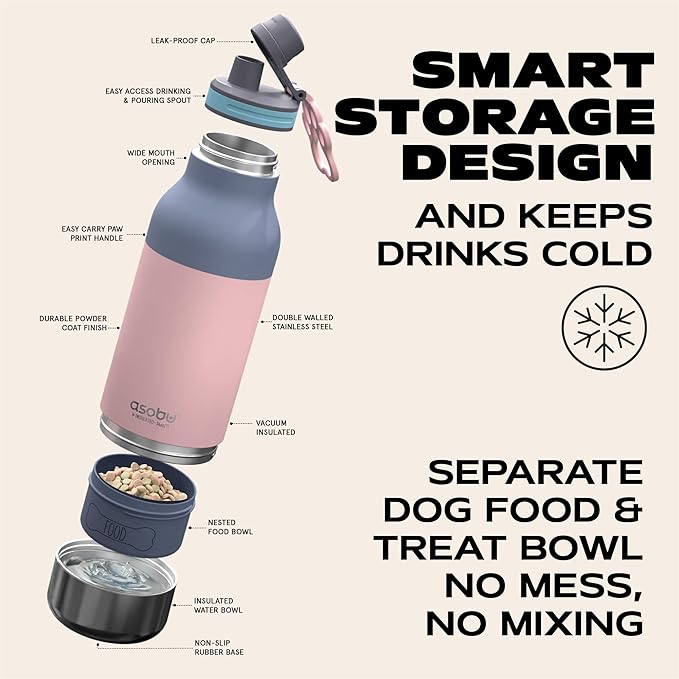 asobu Buddy Bottle a Stainless Steel Insulated Water Bottle for with Removable Dog Water Bowl and Dog Food and Treat Storage Bowl (Pastel Pink, 34 Oz)