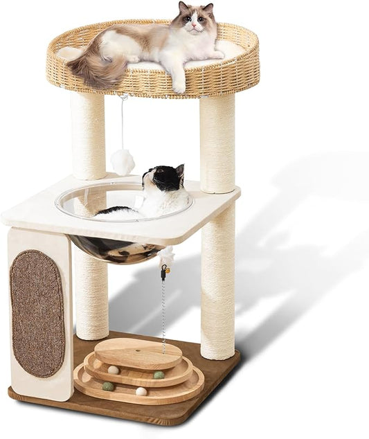 Modern Cat Tree for Indoor Cats with Sisal Rope Scratching Posts, Hand-Woven Cat Condo & Top Perch, Space Capsule Cats Nest, Cute Cat Tree with Interactive Cat Toy
