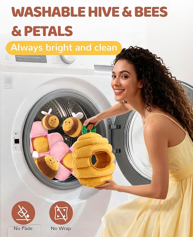 BurgeonNest Dog Toys for Small Dogs,Interactive Plush Squeak Puzzles Chewers to Keep Them Busy,1 Beehive 3 Squeaky Bees,2 Treat Petals,Puppy Xmas Present