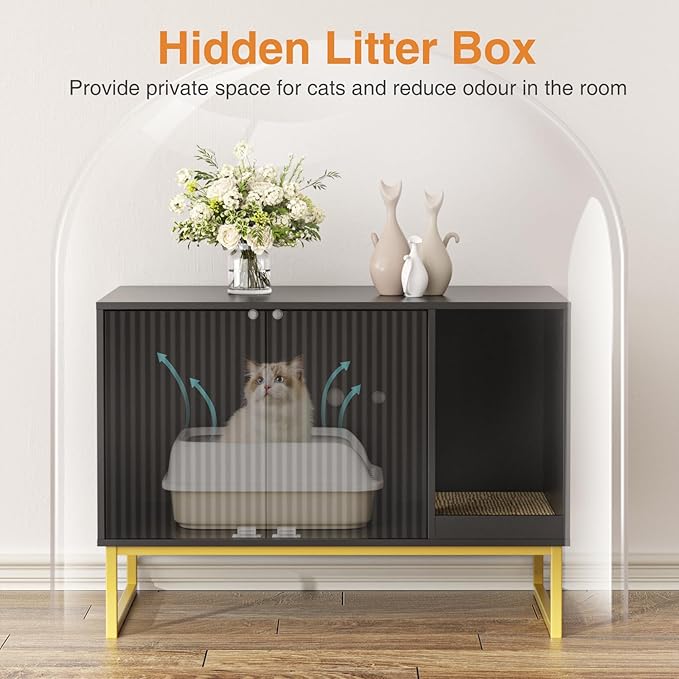 Cat Litter Box Enclosure, Fluted Hidden Litter Box Furniture with Scratch Pad and Metal Legs, Modern Enclosed Cat Cabinet, 31.5 x 17.7 x 21.7 Inches Indoor Pet House for Living Room, Washroom, Black