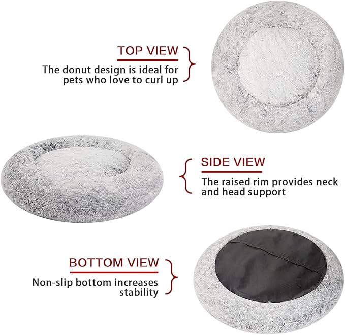 Bedfolks Calming Donut Dog Bed, 30 Inches Round Fluffy Dog Beds for Medium Dogs, Anti-Anxiety Plush Dog Bed, Machine Washable Pet Bed (Dark Grey, Medium)