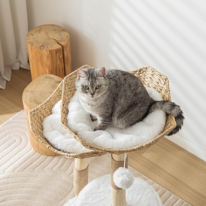 Modern Cat Tree for Indoor Cats Large Adult, 46" Tall Wooden Cat Tower for Large Cats with Scratching Post, Luxury Cat Condo, White