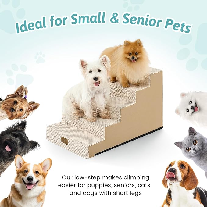Dog Stairs for Small Dogs 17.7" H, 5-Step Gentle Incline Pet Step for Couch and Beds, Right-Angle Dog Ramp for Puppy Doggie Senior Cats, 17.7x29.5x17.7 Inch, Beige