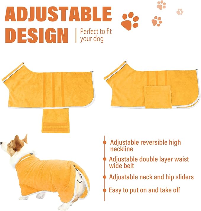 Dog Robe - Fast Drying Towel - Microfiber Super Absorbent Pet Bathrobe, Adjustable Collar & Belly Strap (Yellow, XXX-Large)